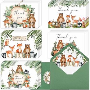 Woodland Thank You Cards ، 4x6 "Forest Animals Thank You Notes مع مظلات وملصقات مطابقة ، بطاقات خضراء ، عيد ميلاد Woodland Baby Shower Thank You (50pcs)