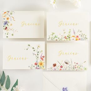 Crisky Gracias Cards Spanish Thank You Cards 4 Assortment, Printable Watercolor WildFlowers (50 Cards with Envelopes for Birthday, Baby Shower, Bridal Shower, Wedding, All Occasion)