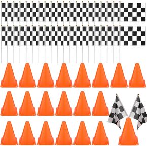 Buryeah 60 Pcs Racing Car Traffic Cones Checkered Flags Sport Training Plastic Cones Racing Checkered Flags for Car Birthday Party Decorations Supplies(7 Inch,Orange)