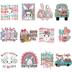 12 Pcs Easter Day Bunny Iron on Decals Iron on Patches for Clothing, Egg/Gnome Heat Transfer Stickers Iron on Easter Patterns for T-Shirts Pillow Cover Hoody Bag Decorations