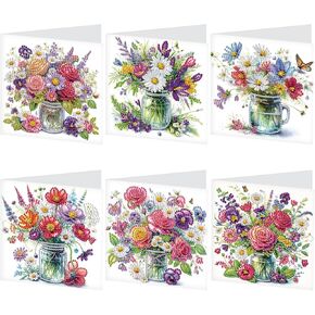 Tontut 6pcs Diamond Art Painting Greeting Card, Pretty Vase Beautiful Flowers 5D DIY Special Shape Diamond Painting Christmas Birthday Greeting Card Creative Gifts