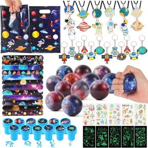 LiYiQ 87 Pcs Space Party Favors With Stress Balls, Necklace, Stamps, Slap Bracelets, Keychains, Temporary Tattoo Stickers and Gift Bags For Kids Space Birthday Party Supplies