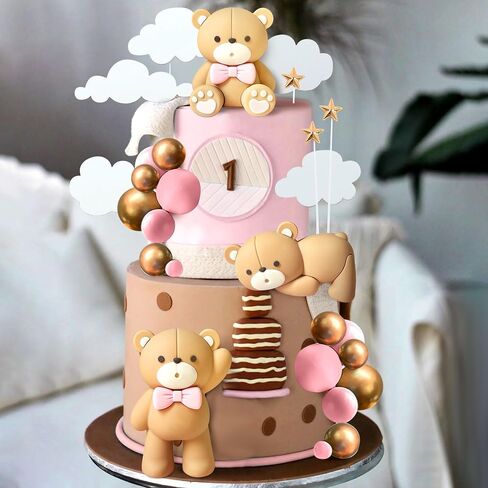 JeVenis Luxury Blue Bear Cake Decoration Blue Gold Balls Cake Topper Baby Shower Birthday Cake Decoration in Kuwait