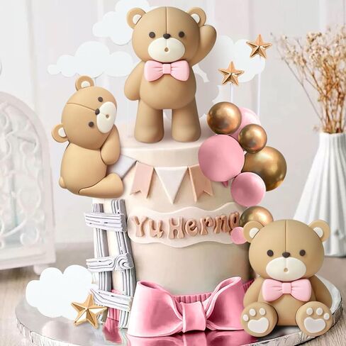 JeVenis Luxury Blue Bear Cake Decoration Blue Gold Balls Cake Topper Baby Shower Birthday Cake Decoration in Kuwait
