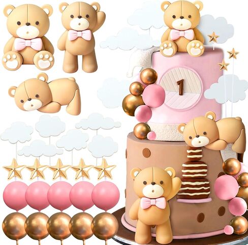 JeVenis Luxury Blue Bear Cake Decoration Blue Gold Balls Cake Topper Baby Shower Birthday Cake Decoration in Kuwait