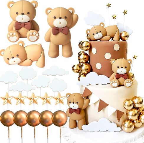JeVenis Luxury Blue Bear Cake Decoration Blue Gold Balls Cake Topper Baby Shower Birthday Cake Decoration in Kuwait