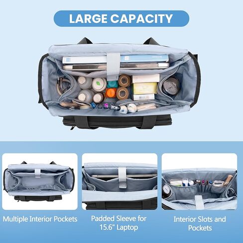 CURMIO Nurse Tote Bag for Women, Portable Medical Supplies Shoulder Bag with A4 Size Accordion File Organizer Compartment and 15.6" Laptop Sleeve for Nursing Work, Home Health, Black(Patent Pending) in Kuwait