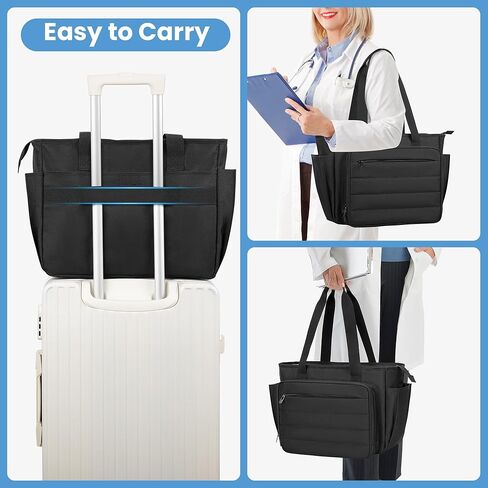 CURMIO Nurse Tote Bag for Women, Portable Medical Supplies Shoulder Bag with A4 Size Accordion File Organizer Compartment and 15.6" Laptop Sleeve for Nursing Work, Home Health, Black(Patent Pending) in Kuwait