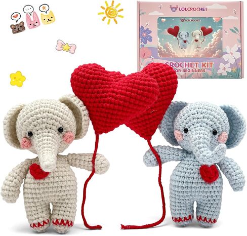 LOLCROCHET Elephant Crochet Kit for Beginners, Couple Animals DIY Amigurumi Starter Set with Step-by-Step Video & Book Tutorial, Easy Knitting Project for Adults Crocheting Doll Xmas Gift in Saudi Arabia