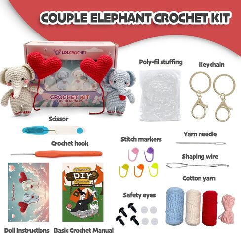 LOLCROCHET Elephant Crochet Kit for Beginners, Couple Animals DIY Amigurumi Starter Set with Step-by-Step Video & Book Tutorial, Easy Knitting Project for Adults Crocheting Doll Xmas Gift in Saudi Arabia