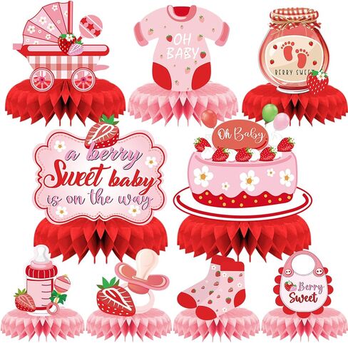 Strawberry Baby Shower Decorations - 9PCS Berry Sweet Baby Shower Decorations Supplies A Berry Sweet Baby Is on the Way Decor Strawberry Honeycomb Centerpieces Baby Shower Party Table Decor in Saudi Arabia