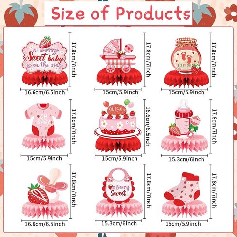 Strawberry Baby Shower Decorations - 9PCS Berry Sweet Baby Shower Decorations Supplies A Berry Sweet Baby Is on the Way Decor Strawberry Honeycomb Centerpieces Baby Shower Party Table Decor in Saudi Arabia