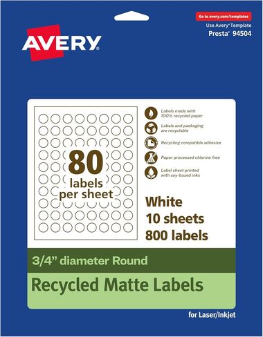 Avery EcoFriendly Matte White Recycled Round Labels, 0.75" Diameter, Print-to-The-Edge, Matte White Labels, Permanent Label Adhesive, Laser/Inkjet, 800 Printable Labels in Saudi Arabia