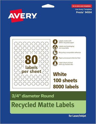Avery EcoFriendly Matte White Recycled Round Labels, 0.75" Diameter, Print-to-The-Edge, Matte White Labels, Permanent Label Adhesive, Laser/Inkjet, 800 Printable Labels in Saudi Arabia