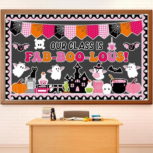 Halloween Classroom Bulletin Board Decoration Halloween Ghost Bulletin Board Set Decor Pink Black Ghost Boo Spider Cutouts Bat Castle Ghost Bulletin Board for School Home Wall Party Decor in Saudi Arabia