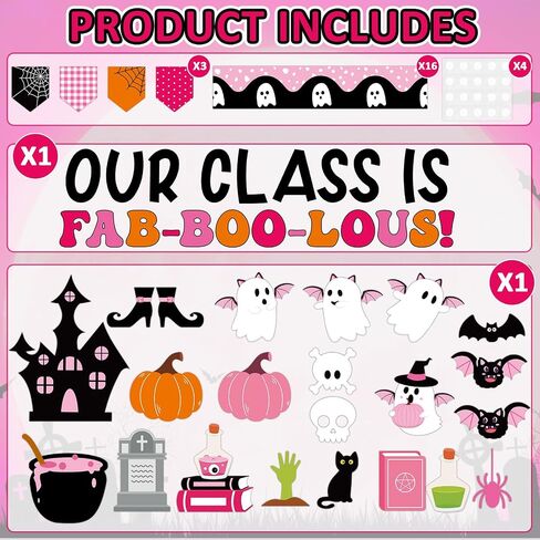 Halloween Classroom Bulletin Board Decoration Halloween Ghost Bulletin Board Set Decor Pink Black Ghost Boo Spider Cutouts Bat Castle Ghost Bulletin Board for School Home Wall Party Decor in Saudi Arabia