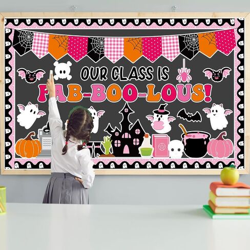Halloween Classroom Bulletin Board Decoration Halloween Ghost Bulletin Board Set Decor Pink Black Ghost Boo Spider Cutouts Bat Castle Ghost Bulletin Board for School Home Wall Party Decor in Saudi Arabia