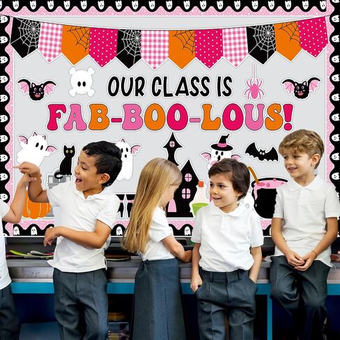 Halloween Classroom Bulletin Board Decoration Halloween Ghost Bulletin Board Set Decor Pink Black Ghost Boo Spider Cutouts Bat Castle Ghost Bulletin Board for School Home Wall Party Decor in Saudi Arabia