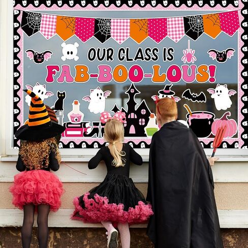 Halloween Classroom Bulletin Board Decoration Halloween Ghost Bulletin Board Set Decor Pink Black Ghost Boo Spider Cutouts Bat Castle Ghost Bulletin Board for School Home Wall Party Decor in Saudi Arabia