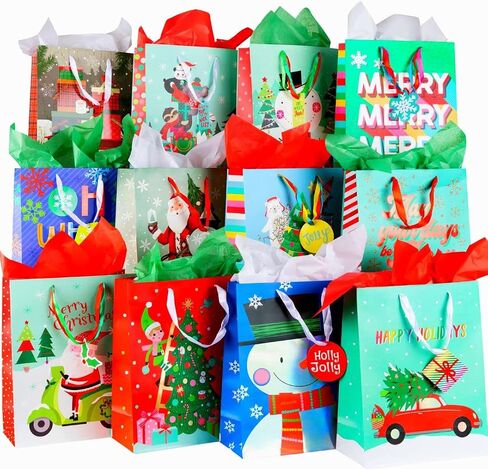 Christmas Gift Bags Medium Size Bulk-24 Charming Christmas Designs- Holiday Gift Bags with Colored Christmas Tissue Paper and Gift Tags-Christmas Goody Bags with Ribbon Handles -Foil Stamped Xmas Bags in Saudi Arabia