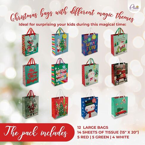 Christmas Gift Bags Medium Size Bulk-24 Charming Christmas Designs- Holiday Gift Bags with Colored Christmas Tissue Paper and Gift Tags-Christmas Goody Bags with Ribbon Handles -Foil Stamped Xmas Bags in Saudi Arabia