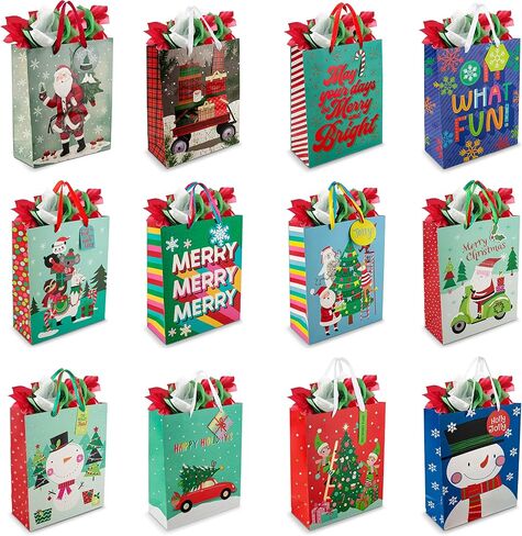 Christmas Gift Bags Medium Size Bulk-24 Charming Christmas Designs- Holiday Gift Bags with Colored Christmas Tissue Paper and Gift Tags-Christmas Goody Bags with Ribbon Handles -Foil Stamped Xmas Bags in Saudi Arabia