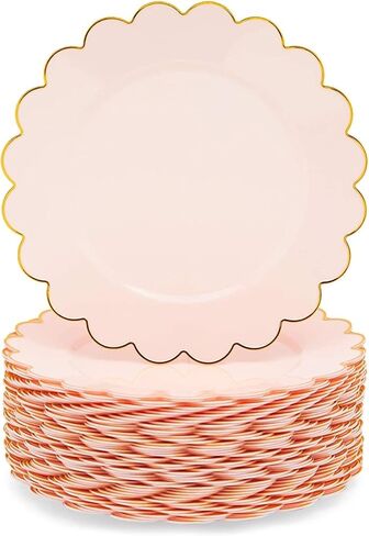 Sparkle and Bash 50 Pack Pink and Gold Plastic Plates, 9 Inch Scalloped Plates with Gold Rim for Birthday Party, Baby Shower in Kuwait