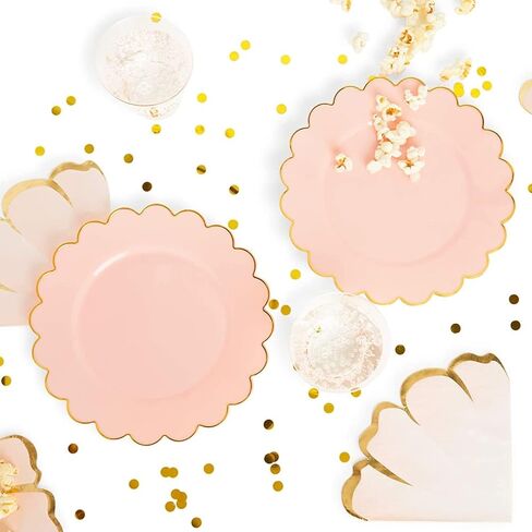 Sparkle and Bash 50 Pack Pink and Gold Plastic Plates, 9 Inch Scalloped Plates with Gold Rim for Birthday Party, Baby Shower in Kuwait