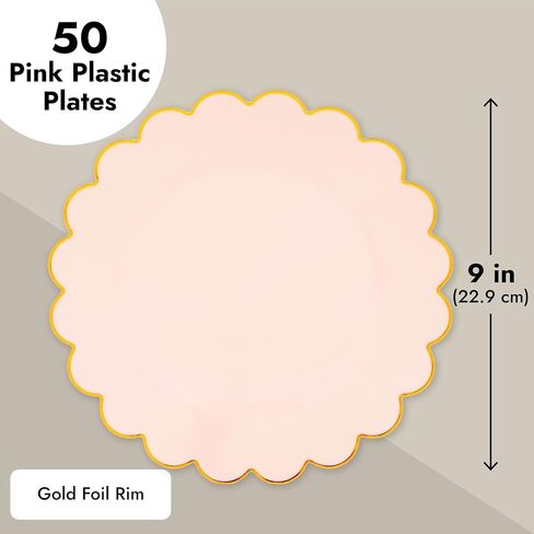 Sparkle and Bash 50 Pack Pink and Gold Plastic Plates, 9 Inch Scalloped Plates with Gold Rim for Birthday Party, Baby Shower in Kuwait