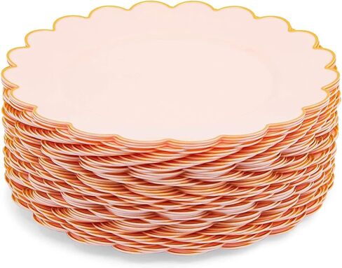 Sparkle and Bash 50 Pack Pink and Gold Plastic Plates, 9 Inch Scalloped Plates with Gold Rim for Birthday Party, Baby Shower in Kuwait