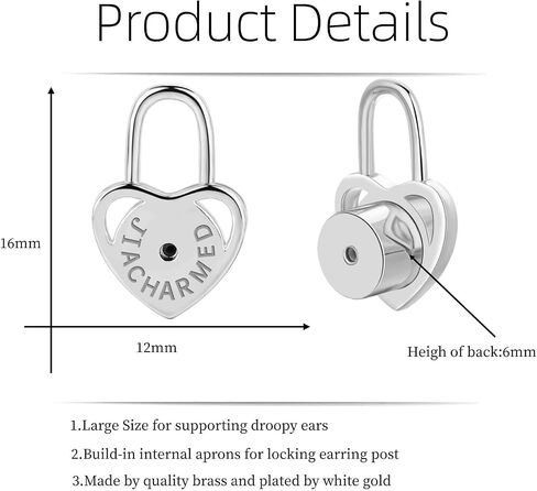 Earring Backs for Droopy Ears, 4PCS Studry Heart Locking Earring Lifter Backs for Heavy Earring Large Earring Backings Replacements for Studs Support Back for Stertched Earlobe,White Gold in Kuwait