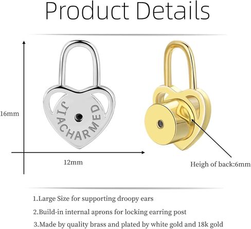 Earring Backs for Droopy Ears, 4PCS Studry Heart Locking Earring Lifter Backs for Heavy Earring Large Earring Backings Replacements for Studs Support Back for Stertched Earlobe,White Gold in Kuwait