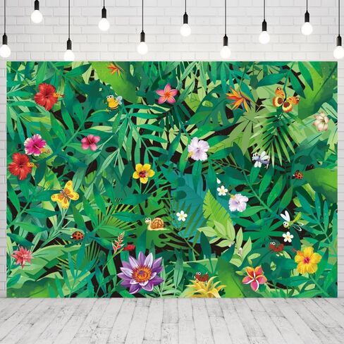 INRUI Polyester Tropical Palm Leaves Photography Backgroud Summer Jungle Wild Bee Bug Butterfly Reptile Insects Decorations Green Tropical Rainforest Party Backdrop (7x5FT) in Kuwait