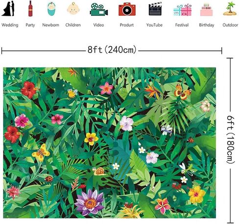 INRUI Polyester Tropical Palm Leaves Photography Backgroud Summer Jungle Wild Bee Bug Butterfly Reptile Insects Decorations Green Tropical Rainforest Party Backdrop (7x5FT) in Kuwait