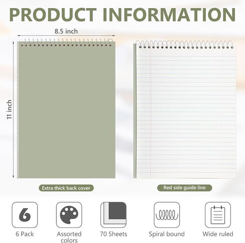 6 Pack 8.5 x 11'' Top Bound Office Steno Book Wide Ruled Double Sided Spiral Notebooks Reliable White Paper 70 Sheets/Pad Pastel Colors Covers for Writing School Notes (Vintage Color) in Saudi Arabia