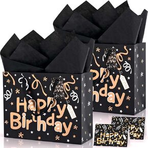 Black Birthday Gift Bag Set, 2PCS 13" Large Gift Bags with 6 Tissue Paper and 2 Greeting Cards, Gold Foil Happy Birthday Gift Bag with Handles, Black Gold Paper Gift Bags for Men Women Birthday Party