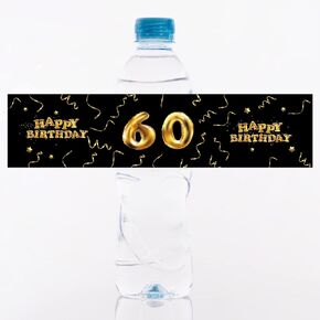 Gold Balloon and Ribbon 60th Birthday Party Water Bottle Labels - 24 Stickers Water Bottle Labels for Happy 60th Birthday, 60th-Anniversary Stickers.