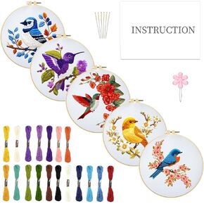 INFUNLY 5 Sets Bird and Flower Embroidery Kits for Beginner DIY Cross Stitch Starter Sets with Instructions Colorful Handmade Needlepoint Kits with Embroidery Cloth Colored Threads Hoops Tools