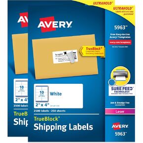 Avery Printable Shipping Labels with Sure Feed, 2" x 4" Customizable Stickers, White, 5,000 Blank Mailing Labels, Great for Mailing, Shipping, and More (2-Pack of 5963)