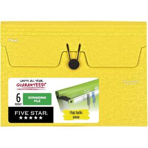 Five Star 6 Pocket Expanding File Organizer, Plastic Expandable File Folders with Pockets and Tab Inserts, Holds 11" x 8-1/2", Bungee Closure, Harvest Yellow (355520G)