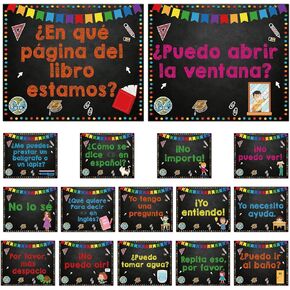 YESMET 16 PCS Spanish Words Phrases Poster Bilingual Educational Materials Spanish Classroom Educational Bulletin Board Poster Banner Set for Kindergarten Pre-School Primary High School (White)