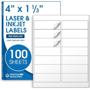 4" X 1 1/3" Matte White Printable Labels Compatible with Inkjet and Laser Printers - 100 Sheets, 1400 Total Paper Stickers for Addresses, Mailing, and Barcodes - Spartan Industrial