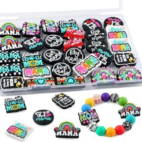 30Pcs Mom Focal Beads for Pens, Mama Silicone Beads for Keychain Making Patterns Focals for Necklace Bracelet Beaded Pen