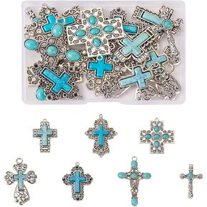 Pandahall 14pcs turquoise stone cross charms tibetan style fricquoise big pendant alloy cross cross charms western turquoise المجوهرات للنساء الرجال البوهيميين قرط المجوهرات