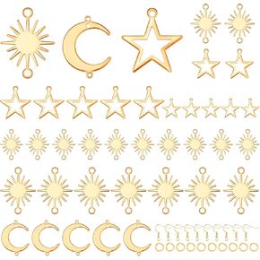45 Pieces Star Charms for Jewellery Making Brass Links Pendants Connector Kit Small Sun Star Moon Jewelry Charms with 10 Pieces Earrings Hooks 20 Pieces Jump Rings for DIY Connector Craft Accessories