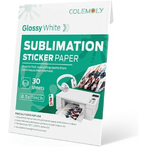 Colemoly Sublimation Sticker Paper-30 Sheets Glossy White Waterproof Stickers for Sublimation Inkjet Printer and Ink 8.5x11 Letter Heat Transfer Paper for Smooth Solid Surfaces