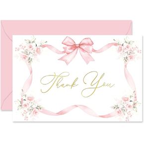 Whaline 24 Packs Pink Bow Thank You Cards Gold Foil Thank You Greeting Cards Watercolor Bowknot Flower Blank Note Cards with Envelopes and Stickers for Party Birthday Baby Shower, 4 x 6 Inch