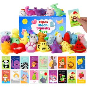 Squishy Toys, 28 Pack Squishies and Cards Party Favors for Kids 4-8 8-12 Treasure Box Classroom Prizes Mochi Squishy Cat Fidget Toys Stress Relief Goodie Bags Easter Basket Stuffers Birthday Gifts