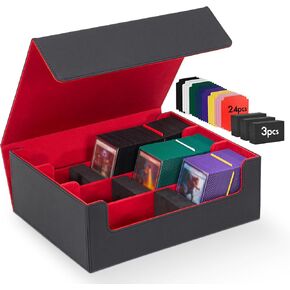 Trading Card Storage Box 2400+, 4 Row MTG Deck Box Storage with 32 Dividers & 4 Foam Stoppers, Trading Card Organizer Fit for Magic, Yugioh, TCG, Sports Cards, Black & Blue
