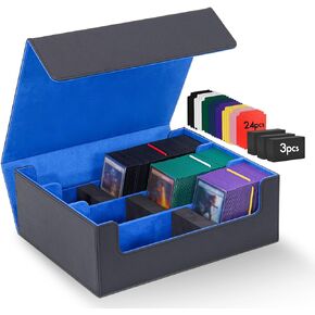 Trading Card Storage Box 2400+, 4 Row MTG Deck Box Storage with 32 Dividers & 4 Foam Stoppers, Trading Card Organizer Fit for Magic, Yugioh, TCG, Sports Cards, Black & Blue